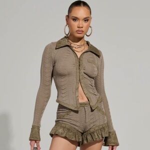 AKIRA Collared Knit Taupe Color Blouse Sz M